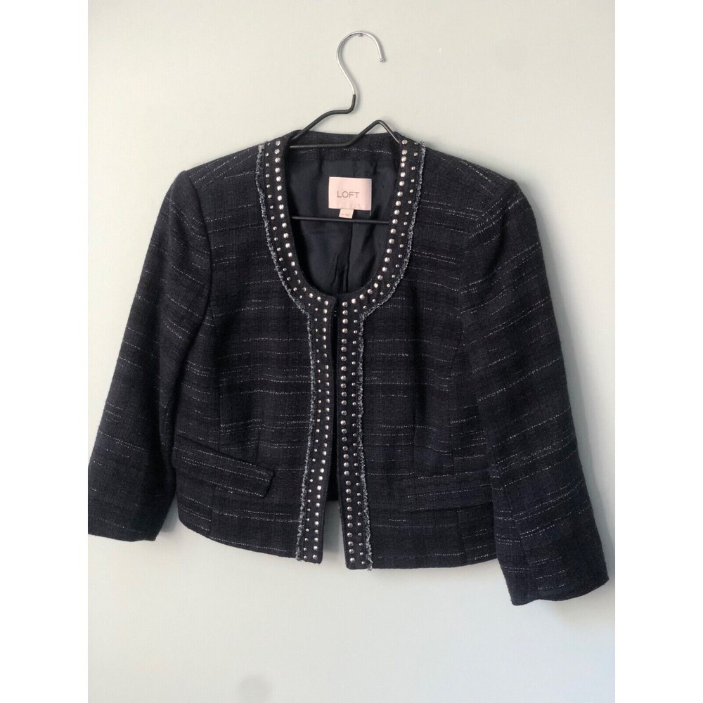 Loft Cropped Tweed Studded Round Collar Jacket